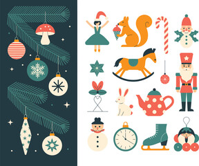 Christmas and Holiday Decorations Collection on Dark Green Background