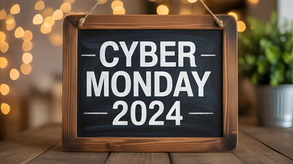 A wooden framed chalkboard announces cyber monday 2024 with blurred lights and greenery behind