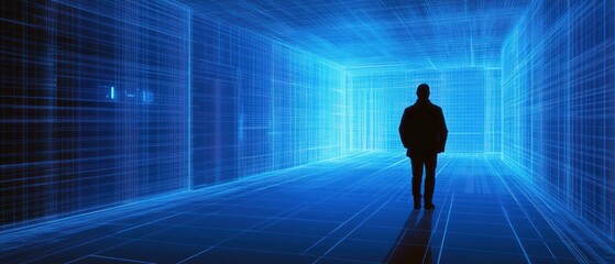 Person standing in a futuristic digital environment blue grid virtual space technology concept