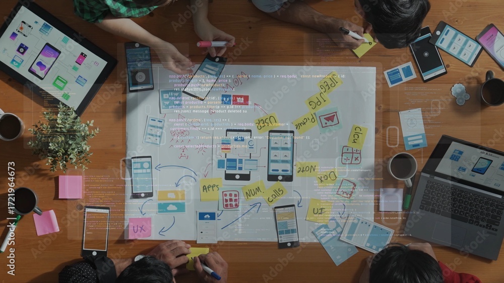 Poster a vibrant workspace showcases collaboration among team members creating app layouts, with digital de