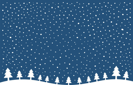 Winter Night Snowfall Minimalist Landscape with Snowflakes and Pine Trees