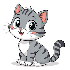 Charming Gray Tabby Kitten with Big Blue Eyes Sitting Pretty A Delightful Cartoon Illustration Showcasing the Adorable Feline