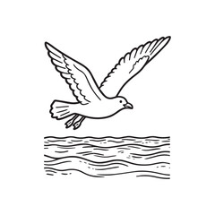  A black and white line drawing of a seagull sailing happily over the sea. 
