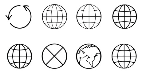 Illustration of globes and rotation symbol, representing global connectivity, worldwide communication, and geographical concepts with grid lines and continental outlines