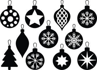 Collection of festive black silhouette Christmas tree ornaments with various elegant designs, perfect for holiday season decorations and winter-themed graphic projects
