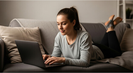 Naklejka premium Woman Using Laptop at Home on Couch in Cozy Living Room Environment
