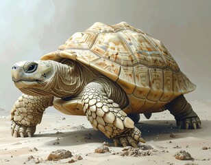 Large tortoise walking across sandy terrain