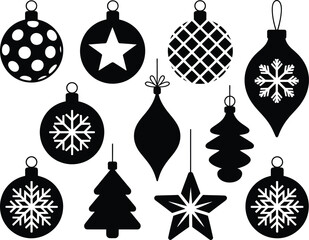 A collection of black silhouette Christmas ornaments featuring various festive designs like snowflakes, stars, and geometric patterns on a clean white background