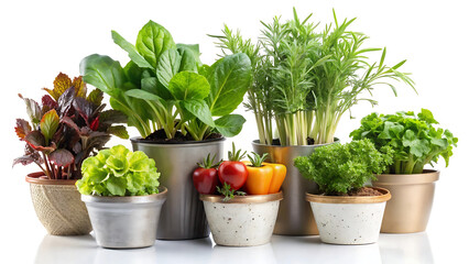 Assorted vegetable plants in stylish pots with clean white background