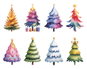 Festive watercolor illustrations of eight unique Christmas trees, perfect for holiday decorations and seasonal designs