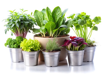 Assorted vegetable plants in stylish pots with clean white background