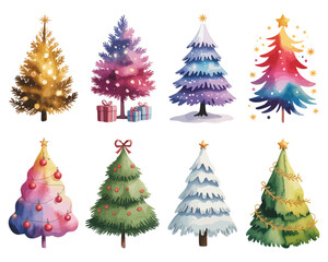 A vibrant collection of eight watercolor Christmas trees in various artistic styles isolated on a white background