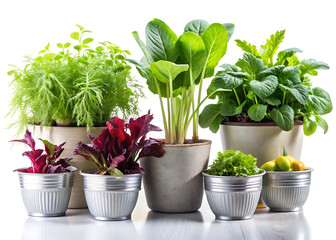 Assorted vegetable plants in stylish pots with clean white background