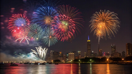 Colorful fireworks bursts enhance the festive evening beside a city skyline and waterfront view."