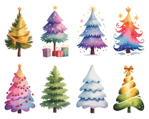 Vibrant watercolor Christmas trees set, showcasing a variety of festive designs and colorful decorations, ideal for holiday greeting cards, winter celebrations, and seasonal decor