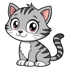 Adorable Gray Striped Cartoon Kitten with Big Eyes Smiling Sweetly on White Background in a Sitting Position Looking Forward