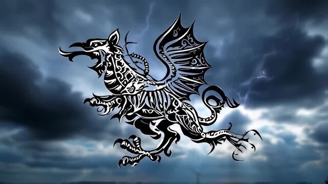 Stylized griffin against stormy sky
