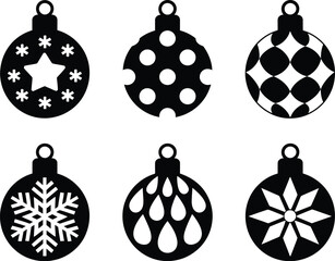Festive Black and White Christmas Ornament Silhouettes on White Background