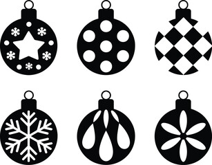 A collection of festive black and white Christmas ornament illustrations, perfect for holiday decorations, winter celebrations, and seasonal graphic design projects with diverse patterns