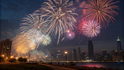 Vibrant fireworks light up the festive evening over a modern city skyline and waterfront celebration