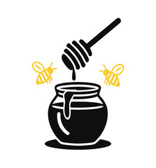Honey dipper dripping silhouette honey into a jar with bee icon nearby, white background, flat vector illustration for World Bee Day
