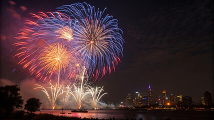 Bright fireworks with colorful bursts highlight the festive evening over a city skyline and waterfront."
