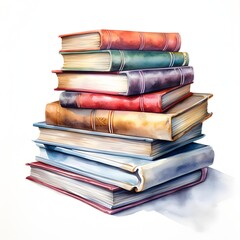 The illustration shows a watercolor painting of multiple antique books stacked neatly on top of each other, showcasing a variety of colors and textures.