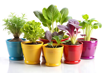 Fresh vegetable plants in decorative colorful pots on white background