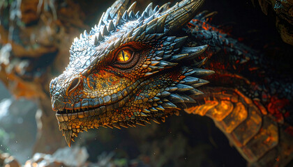 Golden dragon head emerging from cave