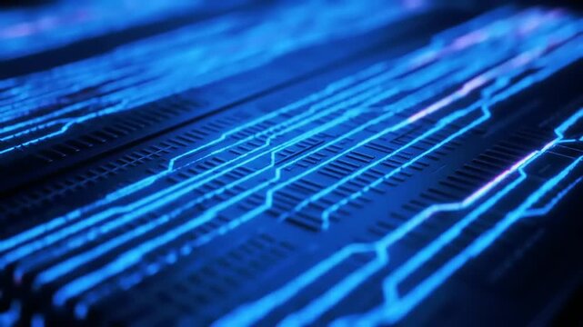 Abstract glowing blue circuit board lines, technological background texture.
