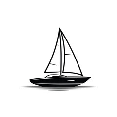  Minimalist black and white sailboat illustration with elegant lines, calm water ripples, and nautical theme for travel, leisure, or decor