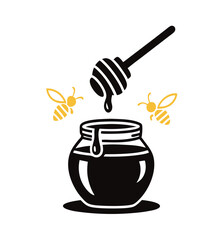 Honey dipper dripping silhouette honey into a jar with bee icon nearby, white background, flat vector illustration for World Bee Day
