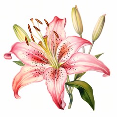 Fototapeta premium A single pink lily blossom with two closed buds and green leaves is depicted against a plain white background.