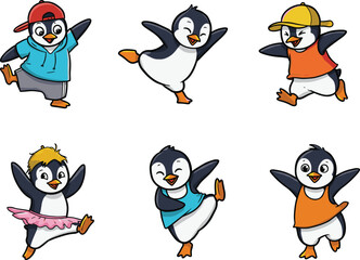 Cartoon penguins dancing in colorful outfits, playful animal illustration, vector art, fun characters, entertainment scene, joyful movement, creative design, celebration concept