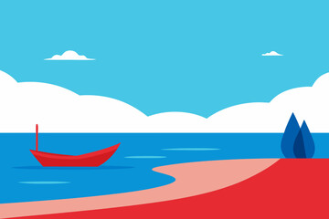 Minimalist red boat floats on calm blue water under a cloudy sky