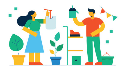 A couple is watering plants and holding a shopping bag isolated on white background they are taking care of their home and environment