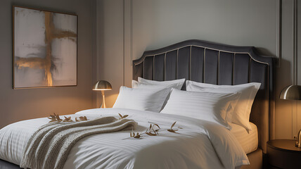 Luxurious hotel bedroom with plush bedding and elegant decor, creating a cozy and inviting atmosphere for relaxation.