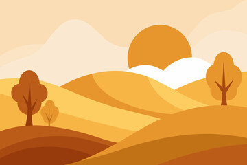 Stylized autumn landscape with rolling hills and setting sun