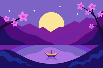 Serene purple landscape with moonlit lake mountains and cherry blossoms