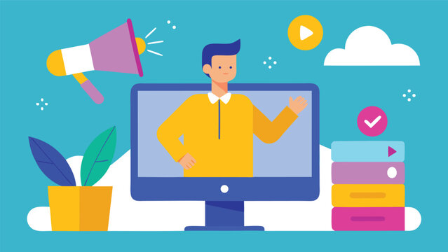 Online marketing presentation with speaker on computer screen and promotion tools isolated on white background