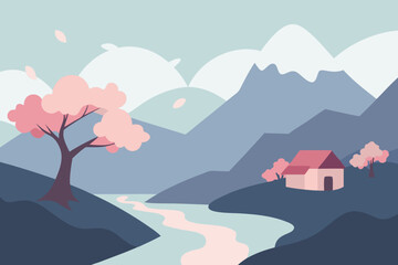 Serene japanese landscape with a house and cherry blossom tree by a river