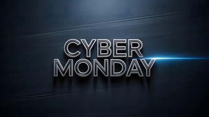 A captivating cyber monday advertisement with a metallic text effect and a blue light streak across it