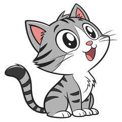Cartoon Gray Tabby Cat with Big Eyes Looking Upward Innocently and Smiling Lovingly Showing Affection in a Sitting Position