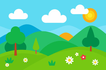 Bright and cheerful cartoon landscape with rolling green hills and fluffy clouds