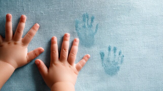 Kid Creating Gentle Handprints on Soft Fabric Surface
