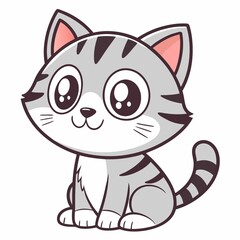 Adorable Cartoon Cat with Big Eyes Sitting Peacefully and Looking Forward with Curiosity and Happiness in an Expressive Portrait
