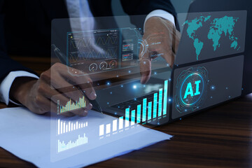 A businessman's hands reviewing a paper report with an AI interface on a laptop screen.