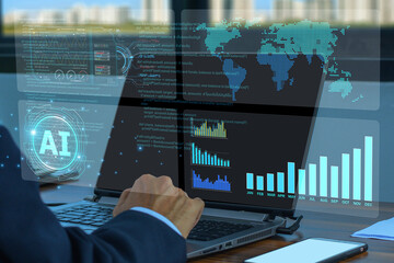 A businessman analyzing data with a global AI network on a laptop, symbolizing modern corporate strategy.