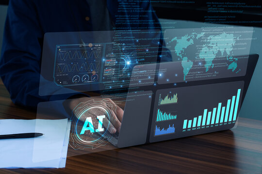 Futuristic server room with multiple monitors displaying AI-powered data and a global business network