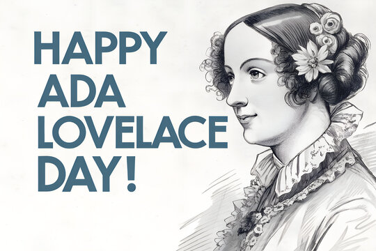 Vintage Ada Lovelace portrait with floral accents and celebratory text &mdash; honoring women in STEM and the pioneering legacy of early computer science.generative ai
